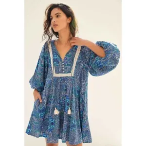 NWT ANTHROPOLOGIE Sz S LISSA ROMPER PLAYSUIT JUMPSUIT PRINTED EMBROIDERED BLUE