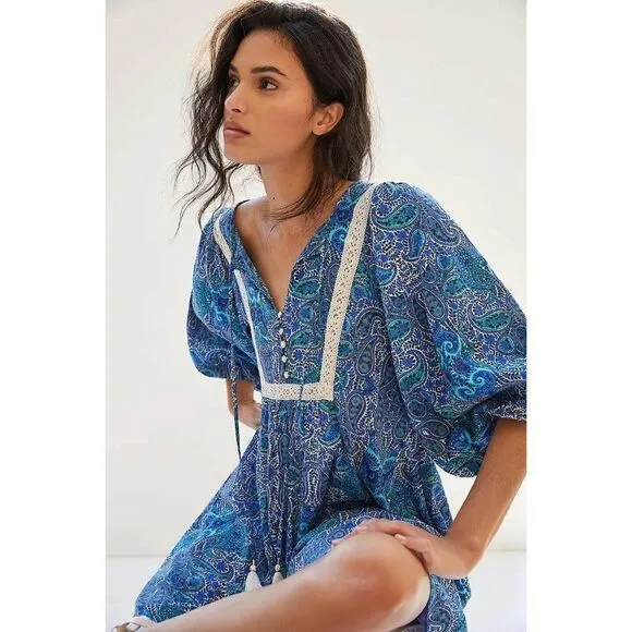 NWT ANTHROPOLOGIE Sz S LISSA ROMPER PLAYSUIT JUMPSUIT PRINTED EMBROIDERED BLUE