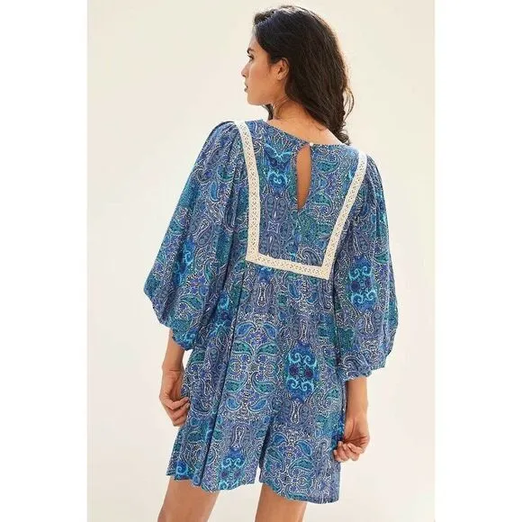 NWT ANTHROPOLOGIE Sz S LISSA ROMPER PLAYSUIT JUMPSUIT PRINTED EMBROIDERED BLUE