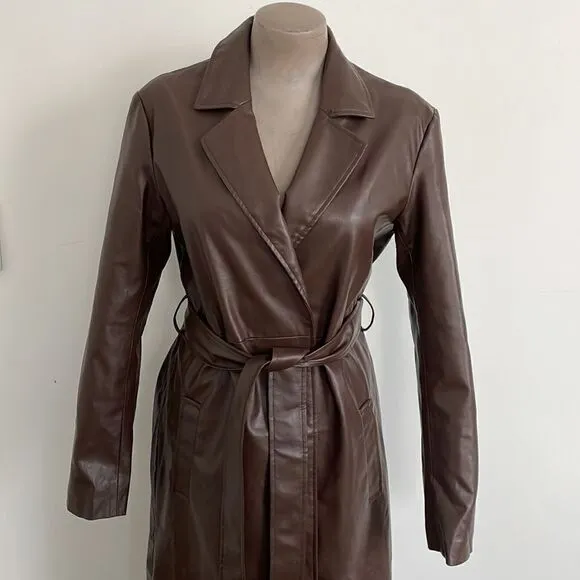 NWT Brown vegan leather trench coat jacket