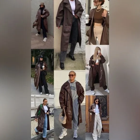 NWT Brown vegan leather trench coat jacket