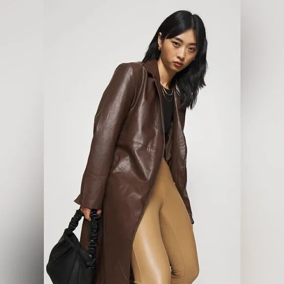 NWT Brown vegan leather trench coat jacket