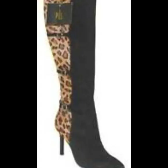 NWT Lauren Ralph Lauren Leopard Calf Hair/Black Suede Boots