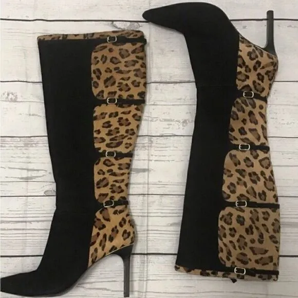 NWT Lauren Ralph Lauren Leopard Calf Hair/Black Suede Boots