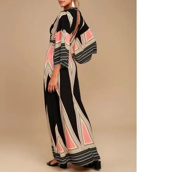 NWT LULUS Montecito Black Print Maxi Dress S