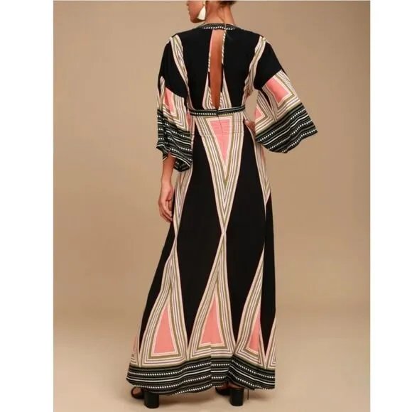 NWT LULUS Montecito Black Print Maxi Dress S