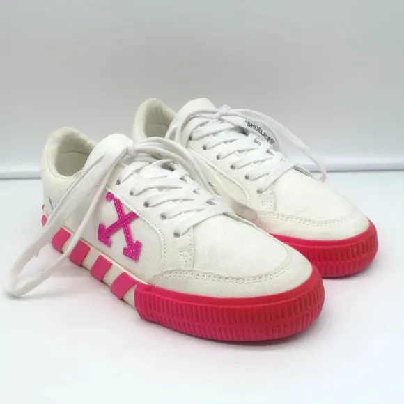 Off-White Vulcanized Low Top Sneakers White Canvas &amp; Hot Pink Suede Size 37