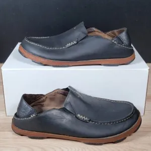 OluKai Moloa Shoes Mens Size 10 Black Brown Slip On Loafers Leather Slippers