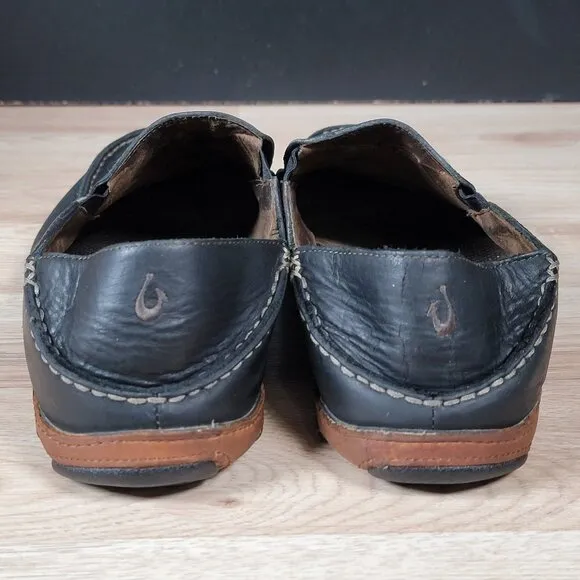 OluKai Moloa Shoes Mens Size 10 Black Brown Slip On Loafers Leather Slippers