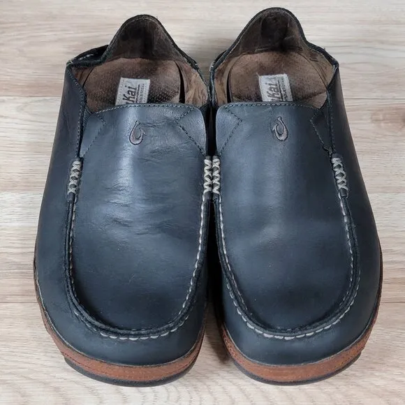 OluKai Moloa Shoes Mens Size 10 Black Brown Slip On Loafers Leather Slippers