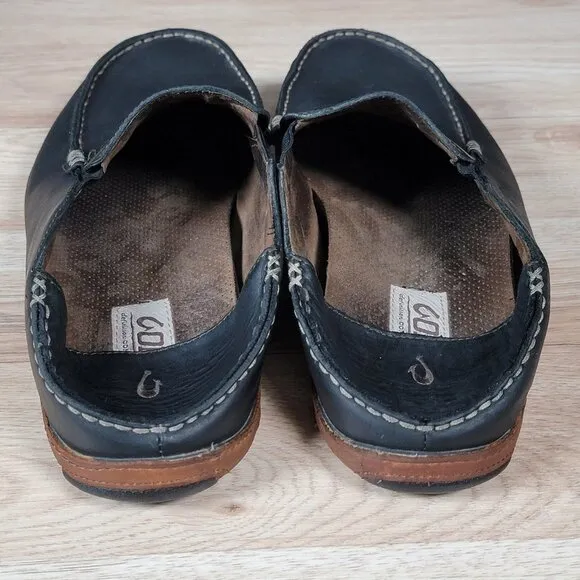 OluKai Moloa Shoes Mens Size 10 Black Brown Slip On Loafers Leather Slippers