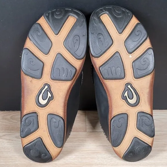 OluKai Moloa Shoes Mens Size 10 Black Brown Slip On Loafers Leather Slippers