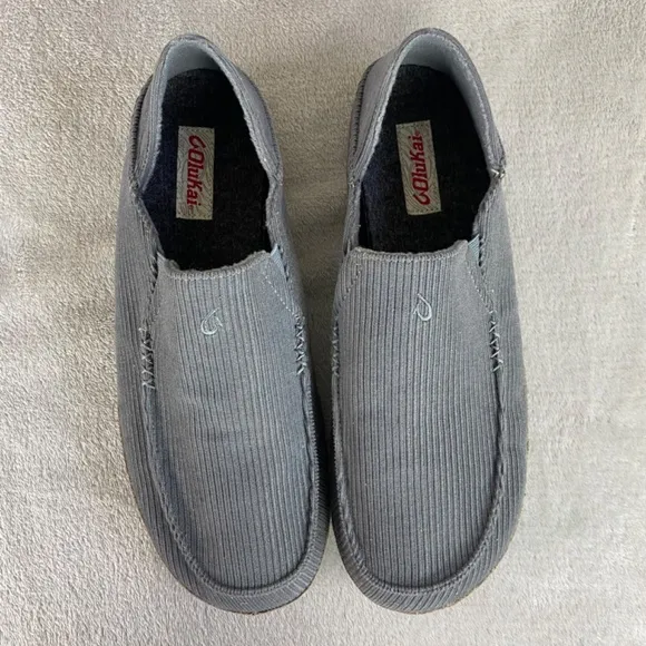 Olukai Moloa'Ie Men's Slip On Loafers Size 12 Gray Corduroy Drop In Heel Shoe