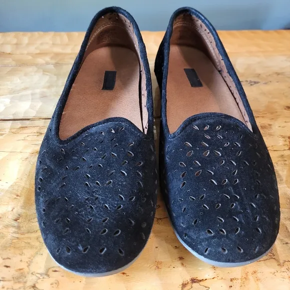 OluKai Momi Perforated Black Suede Slip-on Loafers Women's Size 8.5