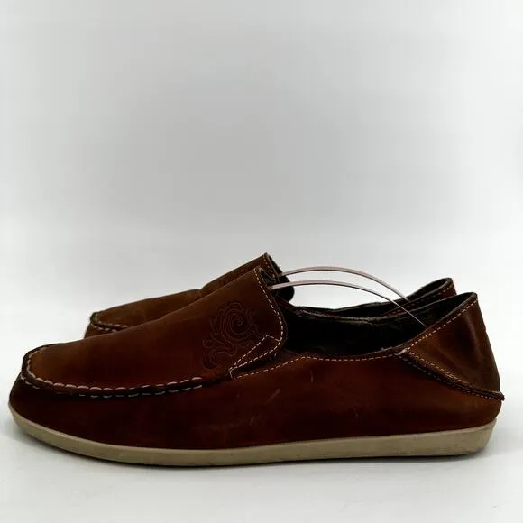 OluKai Nohea Loafers Nubuck Leather EverFit Dri-Lex Slip On Round Tan Brown 8.5