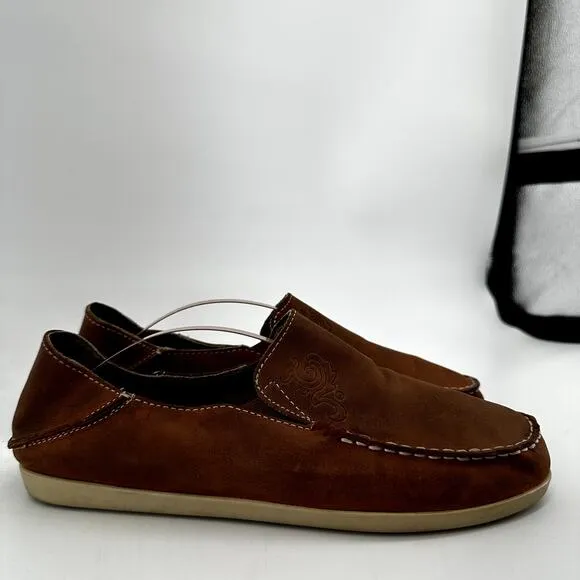 OluKai Nohea Loafers Nubuck Leather EverFit Dri-Lex Slip On Round Tan Brown 8.5