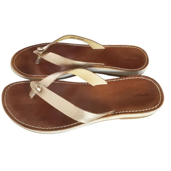 OLUKAI Nohie Gold | Tan Leather Knotted Thong Strappy Flip-Flop Sandals Size 8