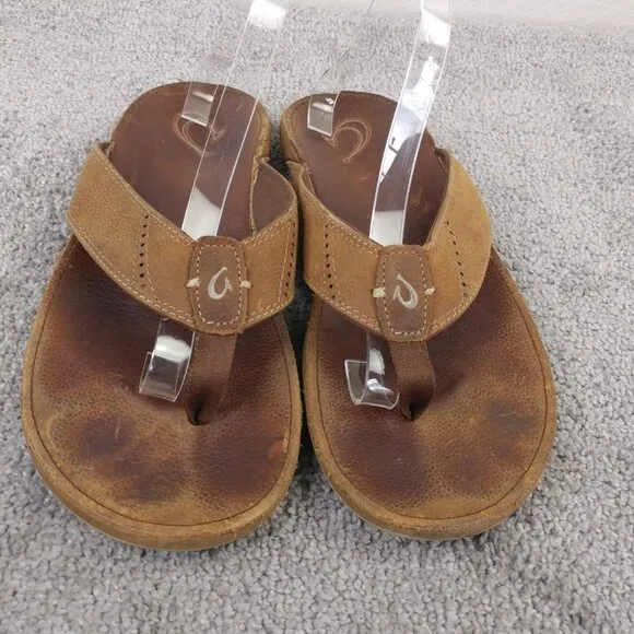 Olukai Nui Flip Flop Sandals Mens 12 Shoes Brown Leather Beach Comfort