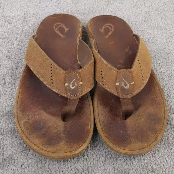 Olukai Nui Flip Flop Sandals Mens 12 Shoes Brown Leather Beach Comfort