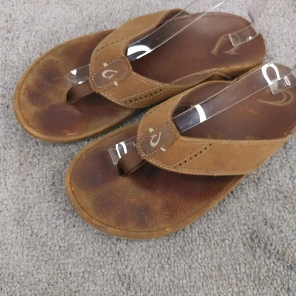 Olukai Nui Flip Flop Sandals Mens 12 Shoes Brown Leather Beach Comfort