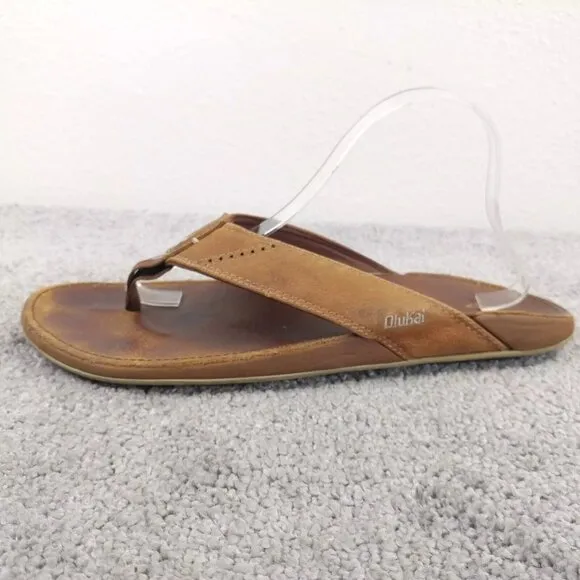 Olukai Nui Flip Flop Sandals Mens 12 Shoes Brown Leather Beach Comfort