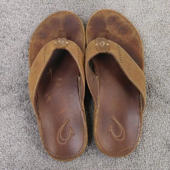 Olukai Nui Flip Flop Sandals Mens 12 Shoes Brown Leather Beach Comfort