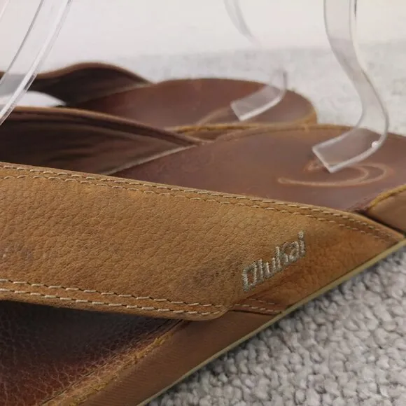 Olukai Nui Flip Flop Sandals Mens 12 Shoes Brown Leather Beach Comfort
