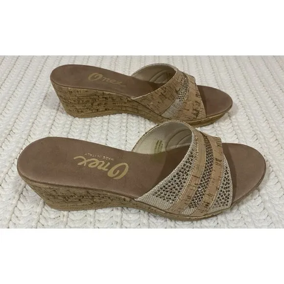 Onex Blanche Linen Stones Cork Wedge Sandals Shoes Made in Italy Womens 11