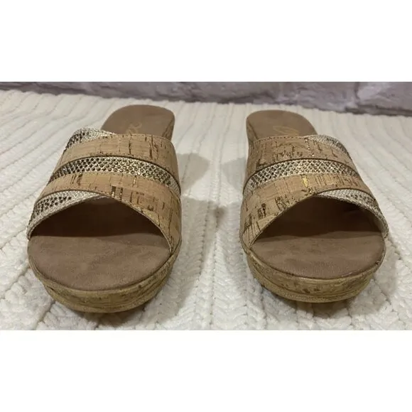 Onex Blanche Linen Stones Cork Wedge Sandals Shoes Made in Italy Womens 11