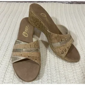 Onex Blanche Linen Stones Cork Wedge Sandals Shoes Made in Italy Womens 11