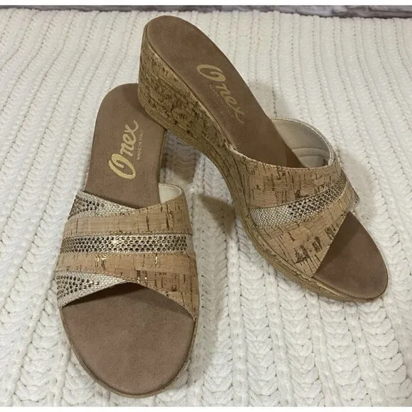 Onex Blanche Linen Stones Cork Wedge Sandals Shoes Made in Italy Womens 11