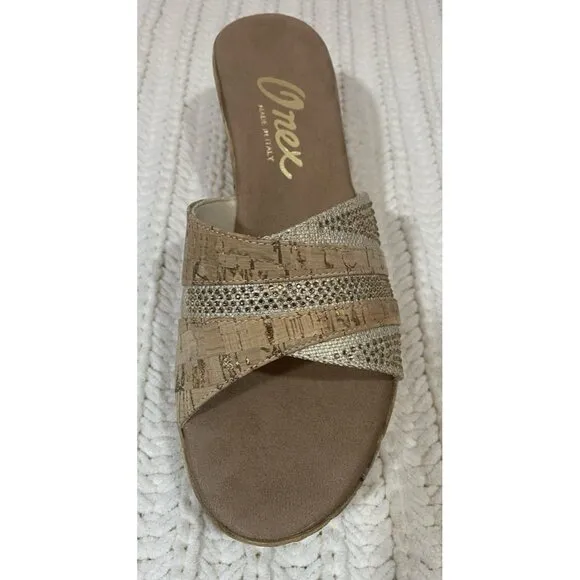 Onex Blanche Linen Stones Cork Wedge Sandals Shoes Made in Italy Womens 11