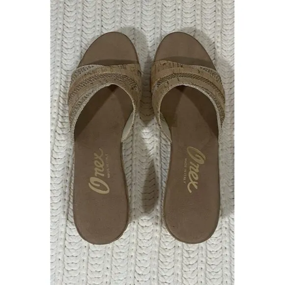 Onex Blanche Linen Stones Cork Wedge Sandals Shoes Made in Italy Womens 11