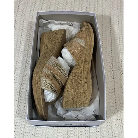 Onex Blanche Linen Stones Cork Wedge Sandals Shoes Made in Italy Womens 11
