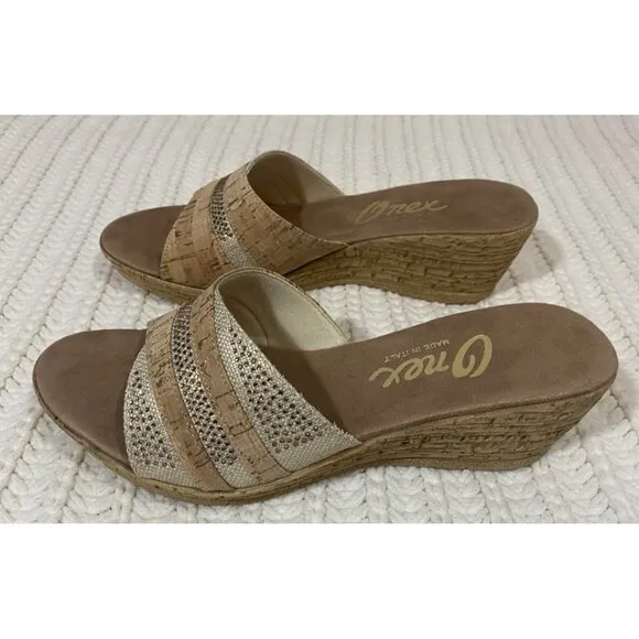 Onex Blanche Linen Stones Cork Wedge Sandals Shoes Made in Italy Womens 11