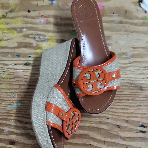 Orange and Tan Wedge Sandals with Decorative Buckle
