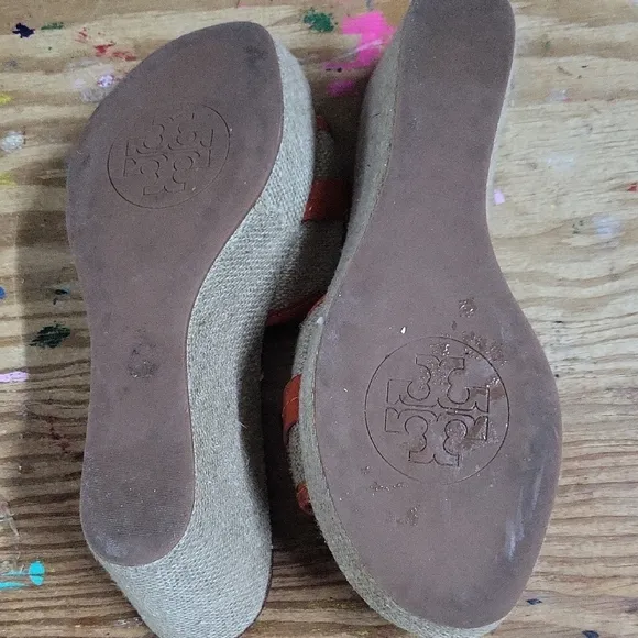 Orange and Tan Wedge Sandals with Decorative Buckle