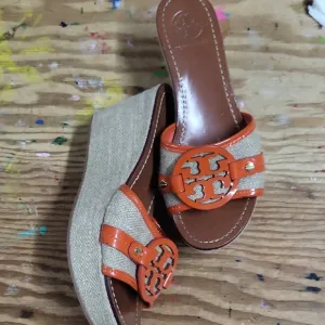 Orange and Tan Wedge Sandals with Decorative Buckle