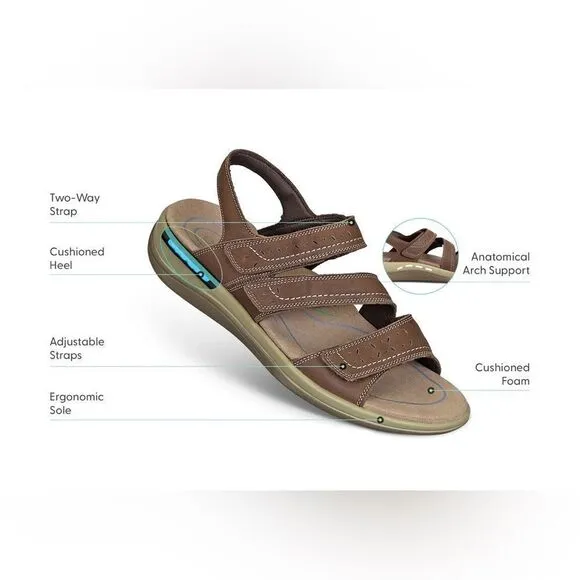Orthofeet Sandals Women’s 10.5D W Naxos Brown Hook &amp; Loop Strappy Orthopedic