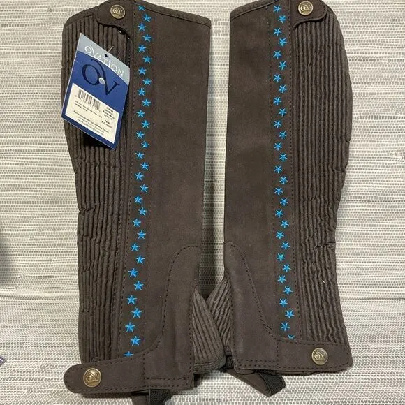 Ovation Child Stars Equestrian Half Chaps Leather Brown/Blue B Youth‎ 12-14 NEW