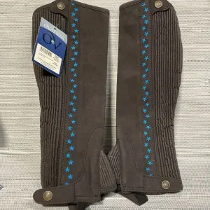Ovation Child Stars Equestrian Half Chaps Leather Brown/Blue B Youth‎ 12-14 NEW