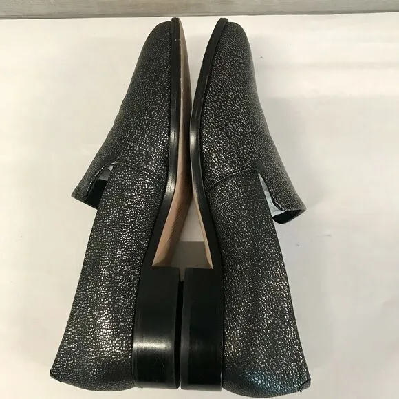 Paige Madison Metallic Gunmetal On Black Leather Slip On Loafer Shoes Women’s 9