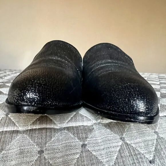 Paige Madison Metallic Gunmetal On Black Leather Slip On Loafer Shoes Women’s 9