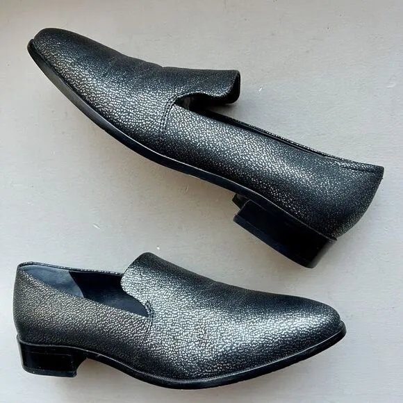 Paige Madison Metallic Gunmetal On Black Leather Slip On Loafer Shoes Women’s 9
