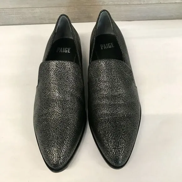 Paige Madison Metallic Gunmetal On Black Leather Slip On Loafer Shoes Women’s 9