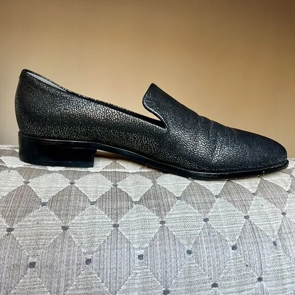 Paige Madison Metallic Gunmetal On Black Leather Slip On Loafer Shoes Women’s 9