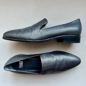 Paige Madison Metallic Gunmetal On Black Leather Slip On Loafer Shoes Women’s 9