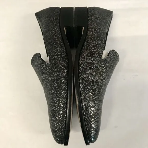 Paige Madison Metallic Gunmetal On Black Leather Slip On Loafer Shoes Women’s 9