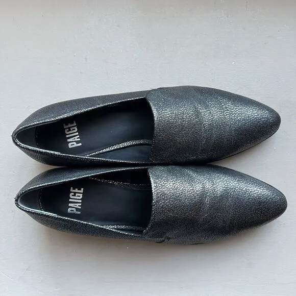 Paige Madison Metallic Gunmetal On Black Leather Slip On Loafer Shoes Women’s 9