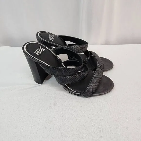 Paige Size 7 Nora Black Leather Snakeskin Embossing Strap Block Heel Sandals Y